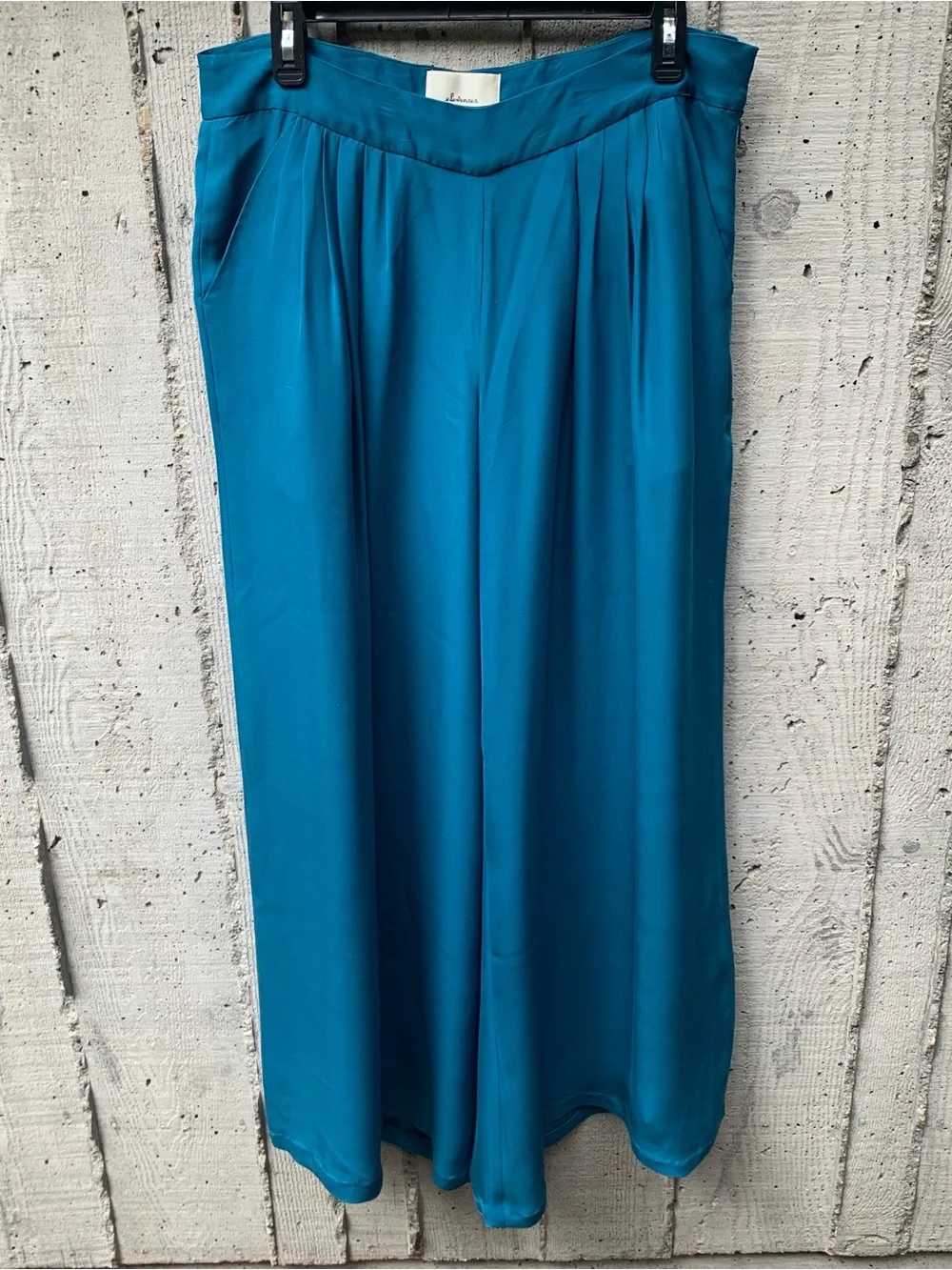 Anthropologie Elevenses Wide Leg Palazzo 100% Silk Pants Teal Blue Size 12